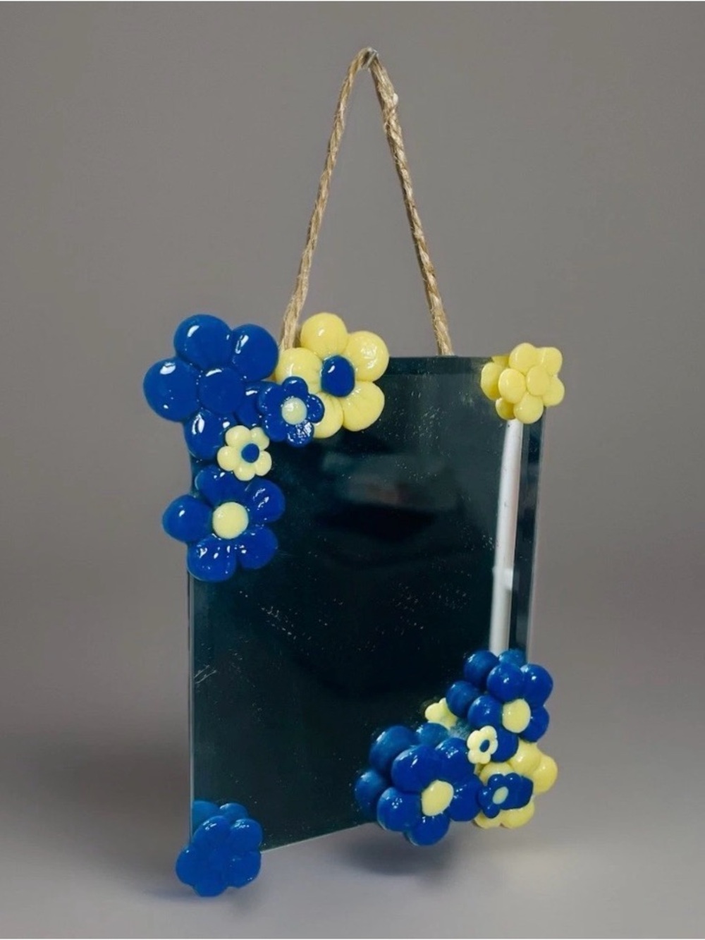 Handmade Mini Ceramic Blue Flowers Bordered Mirror 4X5in
